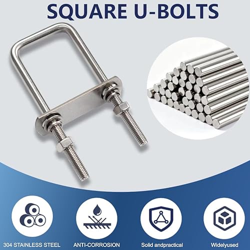 Image of 4 Pcs M10 Square U Bolts 2 Inch Wide, 3 /8 inch x 2 inchW x 5-1 /8 inchL | 304 Stainless U Bolt Heavy Duty with Nuts,Bolt Plate and Washers,Square U Bolts 2 inch Wide,Metric bolts
