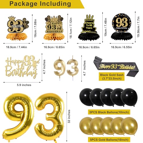 Image of 93rd Birthday Decorations for Men, Black Gold 93rd Party Decorations | 27pcs Happy 93th Birthdays Set: Banner, Honeycomb, Balloons, Gold Number, Candle, Hanging Swirls, Cake Topper, Party Supplies