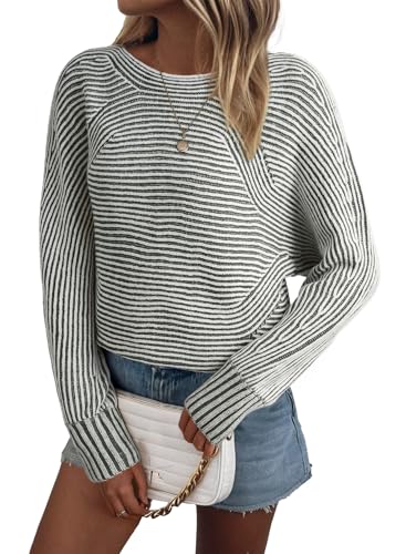 Image of EVALESS Fall Outfits for Women 2025 Long Sleeve Striped Sweaters Lightweight Pullover Green Sweater Winter Clothes Dressy Casual Oversized Boat Neck Sweatshirts Cozy Cashmere Cable Knit Tops, X-Large