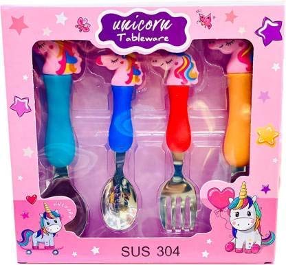 Yaayi Unicorn Theme Stainless Steel Baby Feeding Spoon and Fork Cutlery Set for Kids | Spoon for Kids | Fork and Spoon Set for Kids |Set of 4