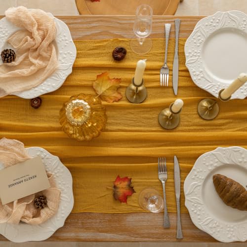 Image of Fall Golden Cheesecloth Table Runner 120 Inch Party Home Decorations | For Thanksgiving Friendsgiving Wedding Bridal Shower Baby Shower Engagement Party 10FT Rustic Boho Home Decor