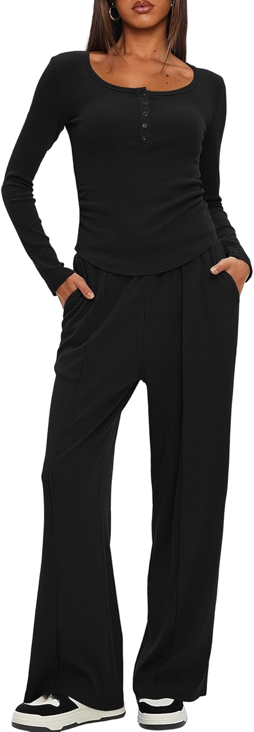 Darong Womens 2 Piece Matching Lounge Sets 2026 Long Sleeve Henley Shirts Wide Leg Pants Airport Travel Outfits - Image 5