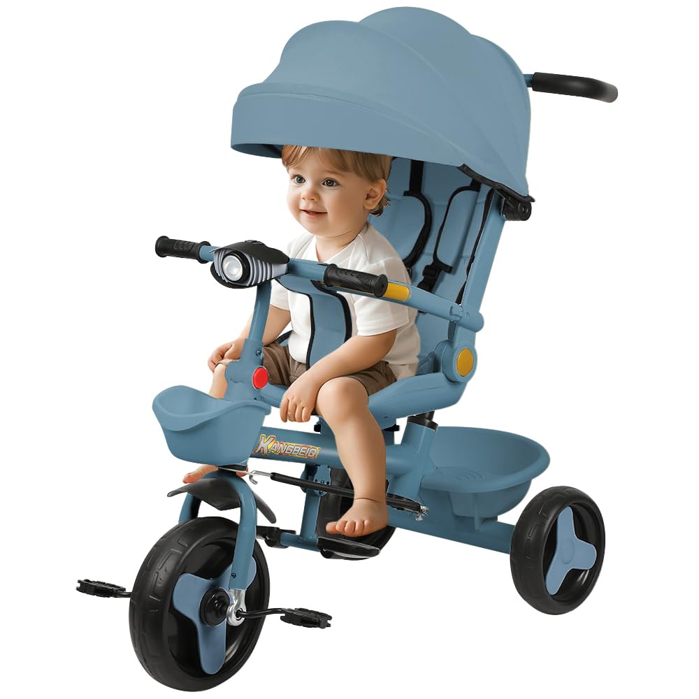 5 en 1Tricycle Enfants évolutif, Lumières et Musique, Siège Enveloppant, Siège et Inclinaison, Garde-Corps Amovibles, Porte-gobelet，Bleu
