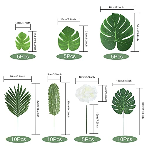Auihiay 50 Pieces Artificial Tropical Leaves Palm Leaves Set with 6 Kinds Jungle Leaf, Silk Hydrangea Flowers for Hawaiian, Luau, Jungle, Wedding, Birthday Party Table Centerpieces Decorations - Image 3