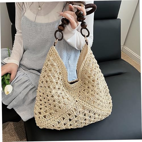 Bolso de playa para mujer, tote con cierre magnético y asa con cuentas, diseño bohemio tejido a mano en ratán, ideal para viajes, citas y compras miniatura 2