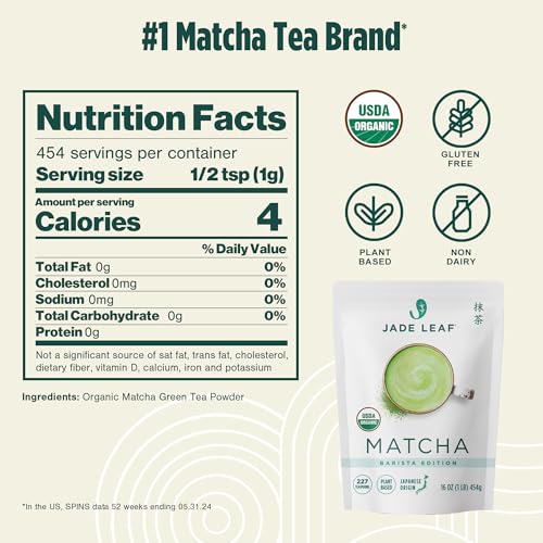 Image of Jade Leaf Matcha Organic Barista Blend Ceremonial Grade Matcha Green Tea Powder - 100% Pure Japanese First Harvest Green Tea for Lattes from Uji and Kagoshima, 454g / 16 Ounce Bulk Pouch (Pack of 1)