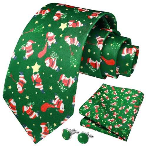 Image of HISDERN Christmas Ties for Men Holiday Tie and Pocket Square Cufflinks Festival Party Xmas Funny Silk Woven Necktie