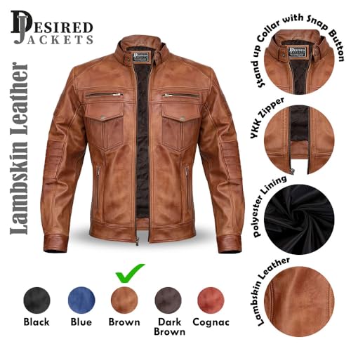 Image of Men Cafe Racer Motorcycle Style Solid Leather Jacket Slim Fit Motorcycle Brown Cafe Racer Leather Jacket