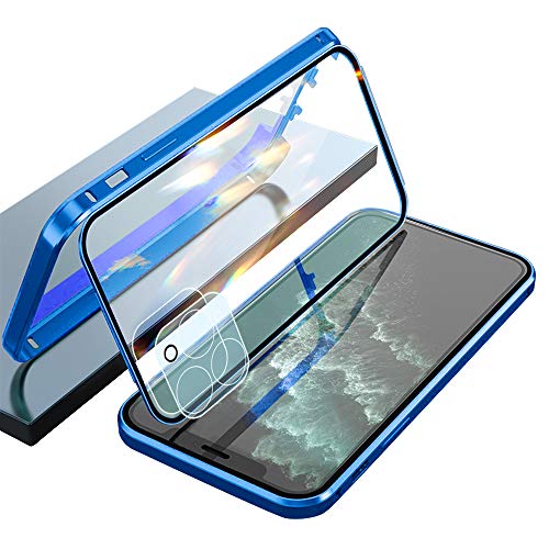 Ellmi Coque pour iPhone 11 Pro Max Anti Séparé Droit Couper Aluminium Cadre Verre Trempé 360 Protection Housse Étui Métal Cover pour iPhone 11 Pro Max - Bleu Cover