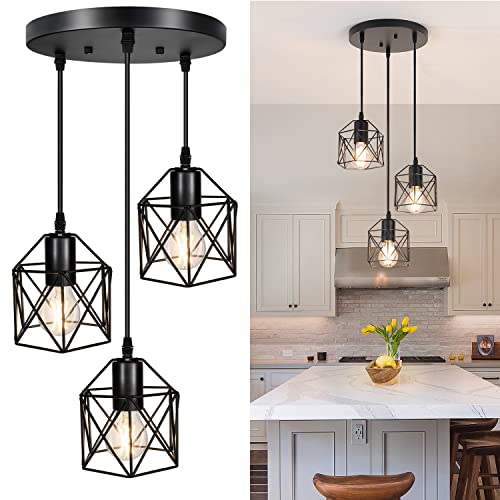 Maxvolador Industrial 3-Light Pendant Lighting, Adjustable Hanging Light Fixture, Vintage Farmhouse Pendant Light With Metal Caged E26 Base For Kitchen Island Dining Room Living Room, Black #TOP7