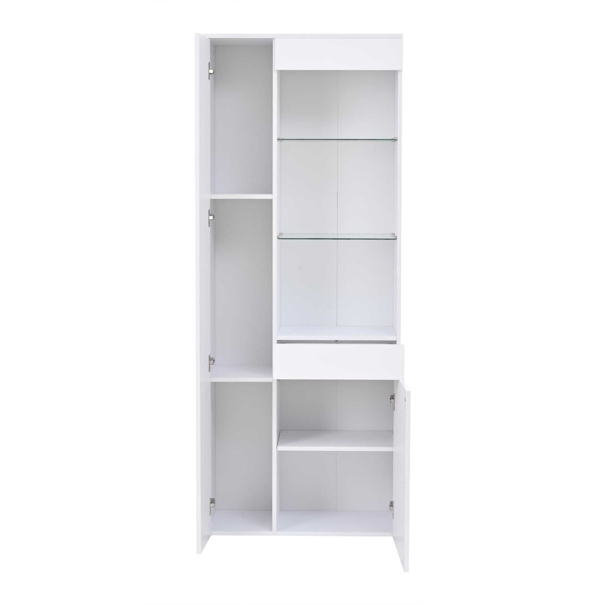 Vitrina blanca brillante con LED – 70 x 35 x 180 cm – Moderna vitrina de cristal con cajón – vitrina de pie y tablero alto para salón – Armario alto con compartimentos abiertos