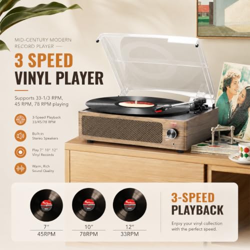 Image of Retro Vinyl Record Player with Speakers Vintage Turntable, Wooden