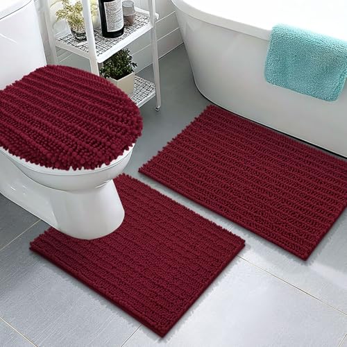 Arotive Luxury Chenille Bathroom Rugs 3 Piece with Toilet Lid