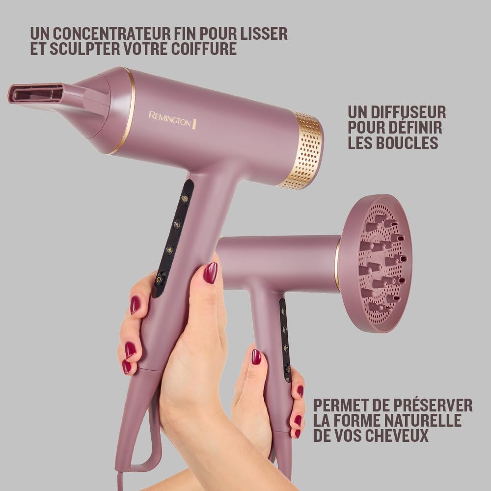 Remington AIRvive Sèche-cheveux (Moteur numérique silencieux léger, 110 000 tr/min, séchage rapide) Concentrateur, diffuseur (Technologie Ionique et anti-frisottis,12 réglages chaleur-vitesse) EC8930