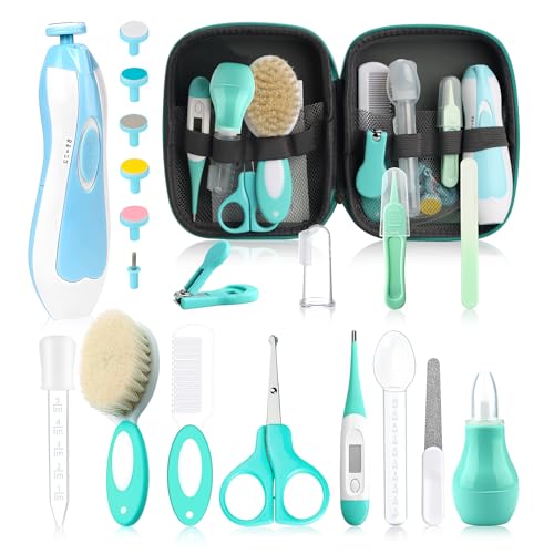 Image of Baby Grooming Kit, Electric Safety Nail Trimmer Baby Nursery Kit，Infant Safety Care Set with Hair Brush Comb Nail Clipper Nasal Aspirator,Baby Essentials Kit for Newborn Girls Boys (20 Pc Green Kit)