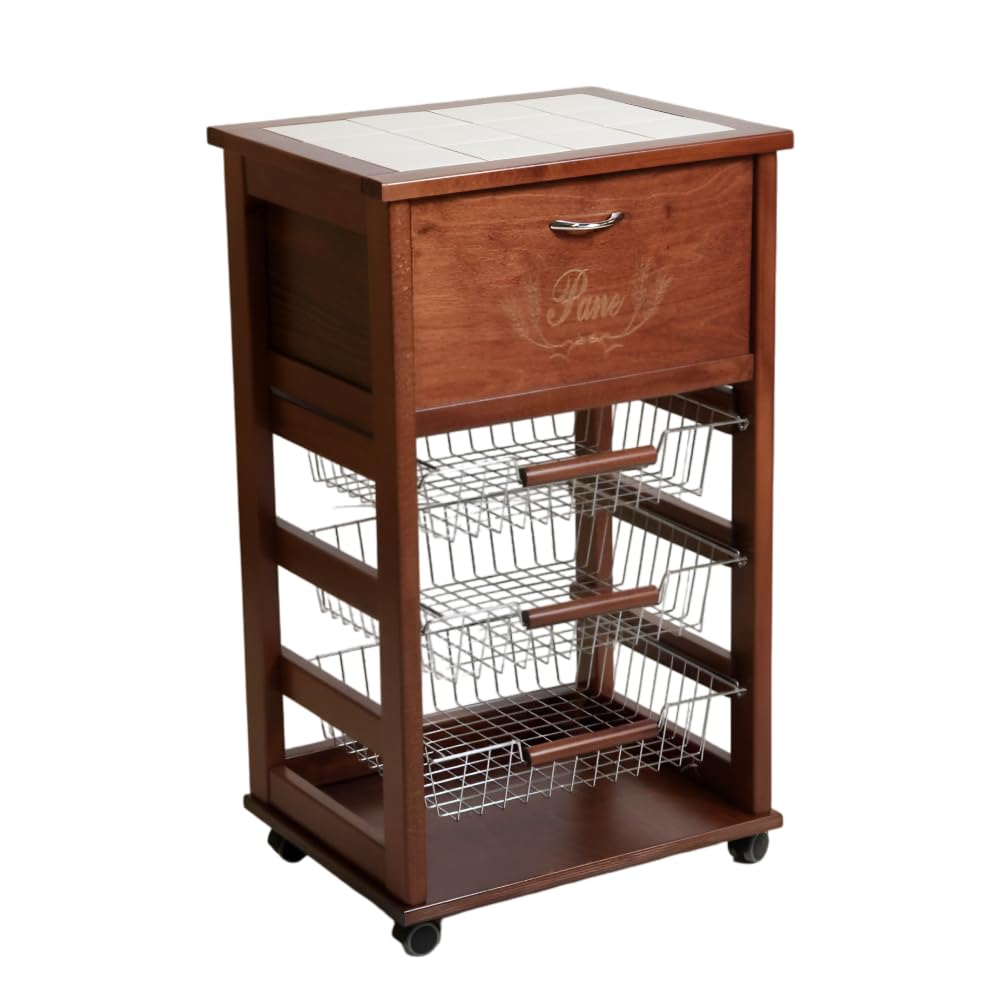 MA MAISON Carrello Salvaspazio in Legno dimensioni 85x49x39 cm - da Cucina, Piano d'appoggio Multiuso, 3 Cestini Contenitori, 1 Cassetto, Portapane, Portafrutta, 4 Ruote - Made in Italy (Noce)