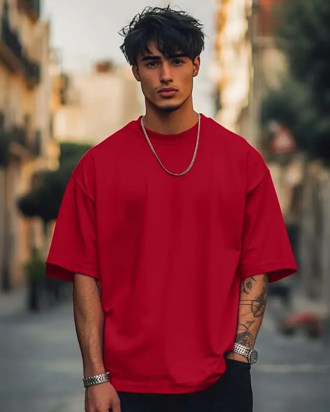 Image of Veirdo Oversized Baggy Fit Drop Shoulder Half Sleeves Round Neck Solid Pure 100% Cotton T-Shirt for Men (Available in White, Black, Mustard, Maroon, Green, Lilac, Navy, Red Color)