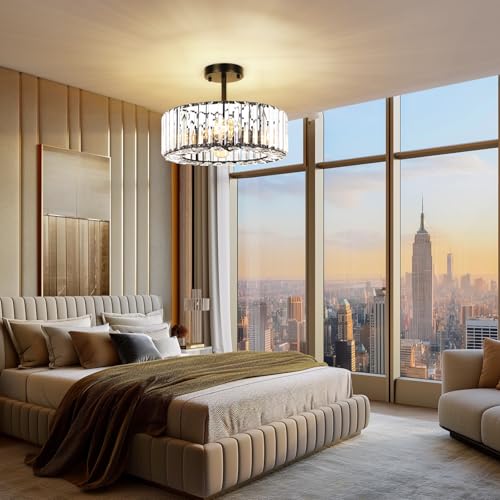 FRIDEKO HOME Modern Crystal Ceiling Lights Fixture 4-Lights, Round Black Chandeliers Ceiling Light with E27 Base, LED Light Fittings Ceilings for Bedroom, Living Room, Hallway, Kitchen - Image 5