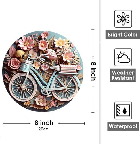 Rustic Metal Tin Sign Bicycle Bike Art Flower Wreath Welcome Door Hanging, Round 8x8 Inch (Bike) for Home, Garden, Kitchen, Bar, Cafe, Restaurant, Garage Wall Decor, Retro, Vintage