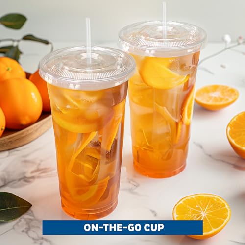 Image of Freshware Clear Plastic Cups with Flat Lids and Straws [100 Cups - 24 oz] Disposable Tumblers for Iced Coffee, Smoothie, Milkshake, Cold Drinks