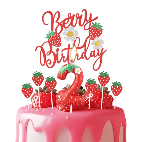 Topper per torta di compleanno con fiori bianchi, candela numero 2 a tema fragola per torta - decorazioni per feste di secondo compleanno