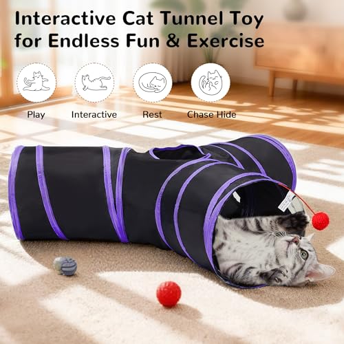 Image of Tempcore Cat Tunnel for Indoor Cats, 3 Way Collapsible Pet Play Tunnel with Teaser Wand, Peek Holes & Hanging Ball, Interactive Tube for Kittens & Rabbits, Black & Purple