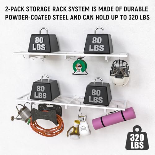Image of 2 Pack Garage Wall Shelving, 46 inch x 12.5 inch Heavy Duty Storage Racks, Garage Shelves Wall Mounted with 8 Hooks, 320 LBS Capacity Floating Metal Shelf Organizer for Laundry Room, Basement, Workshop
