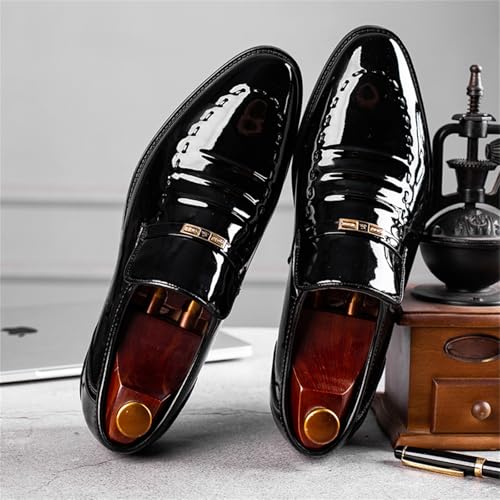 Men's Vintage High Gloss Slip On Dress Loafer Shoes Formal Business Pointed Toe Patent Leather Loafers2