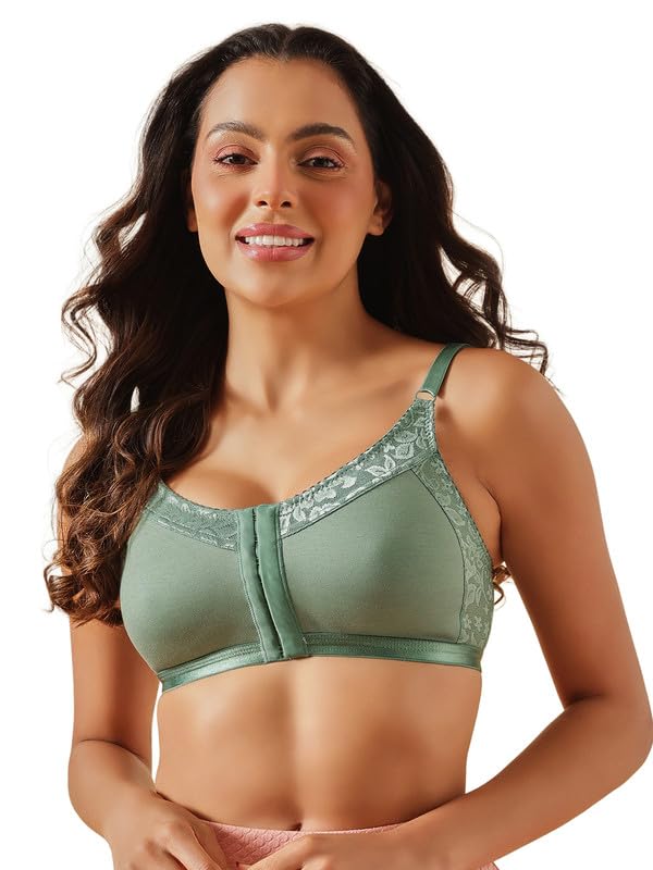 clovia Women's Cotton Spacer Cup Non-Padded Non-Wire Full Figure Front Open Bra in Green-picture-32