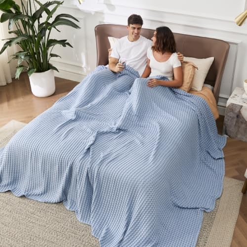 Image of Bedsure Cooling Cotton Waffle Oversized King Blanket - Lightweight Breathable Rayon Derived from Bamboo for Hot Sleepers, Luxury Throws for Bed and Sofa, Sky Blue, 120x96 Inches