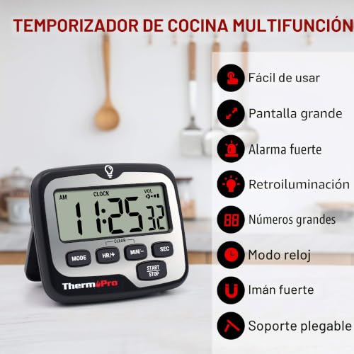 Miniatura 2 de Thermopro Tm01 Temporizador De Cocina Digital Con Cuenta Regresiva Y Cronómetro Reloj Temporizador Magnético Con Alarma Sonora Ajustable Y Pantalla Lcd Gran Retroiluminación