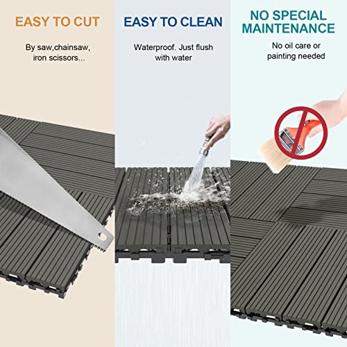 Goovilla Wood Plastic Composite Interlocking Patio Deck Tiles 9 Pack (9 Sq. Ft), 12"X12" Waterproof Indoor Outdoor Flooring All Weather Use, Balcony Floor Covering Tile, Decking Tiles, Dark Grey #TOP4