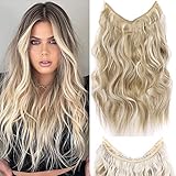 ELIO Halo Hair Extensions - Thick Invisible Wire Hair Extension with Transparent Headband - 5 Types Adjustable Headwidth - Wavy Curly Long 20 Inches Hairpiece for Women Girls - Fish Line Secret Hairpieces with 2 Pcs Removable Secure Clips - 140g (4.9oz) (Dark Ash Blonde Mix Bleach Blonde)