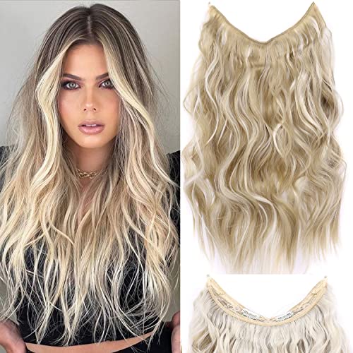 ELIO Halo Hair Extensions - Thick Invisible Wire Hair Extension with Transparent Headband - 5 Types Adjustable Headwidth - Wavy Curly Long 20 Inches Hairpiece for Women Girls - Fish Line Secret Hairpieces with 2 Pcs Removable Secure Clips - 140g (4.9oz) (Dark Ash Blonde Mix Bleach Blonde)
