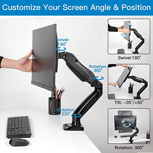 Image of Audiovan Gas Monitor Mounts - Articulating Arm, Adjustable VESA Mount Desk Stand with Clamp and Grommet Base. (Black, F-80 Gas Spring Single arm)