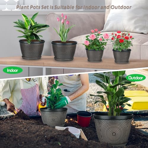 Quarut 10 Inch Flower Pots for Outdoor Indoor, 3 Pack Plastic Plant Pots with Drainage Hole & Tray, Modern Decorative Garden Pot with Saucer, planters for House (Black Copper) - Thumbnail 6