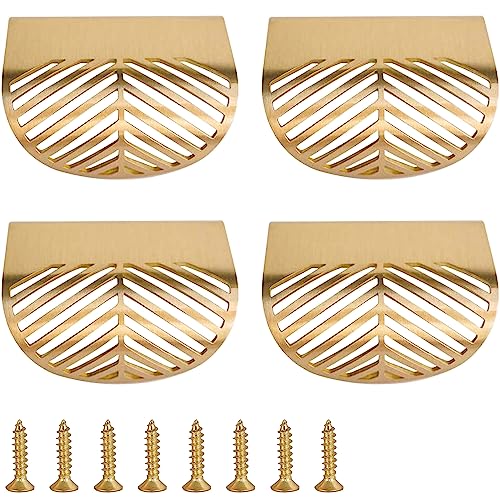 RZDEAL Solid Brass Edge Pulls for Cabinets Brushed Gold Leaf Knobs and Pulls for Dresser Drawers (4, Overall Length:2-3/8"(60mm))