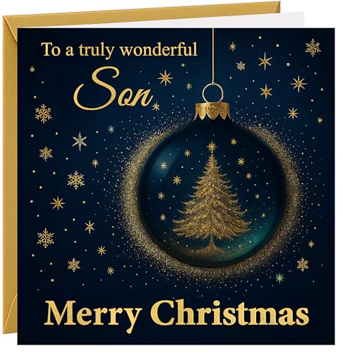 Christmas Card For Son Christmas Greetings Card To Son Navy Blue with Gold Foil Xmas Tree Decoration Bauble Design