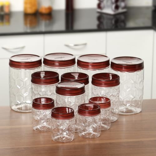 Image of MILTON Hexa Airtight Containers for Kitchen Storage Food Grade Plastic, Stackable & Transparent Organizer Jars, Set of 24(8 x 270ml,665ml,1.24L each) Tea,Coffee,Sugar,Dry Fruits, Grains, Pulses, Brown