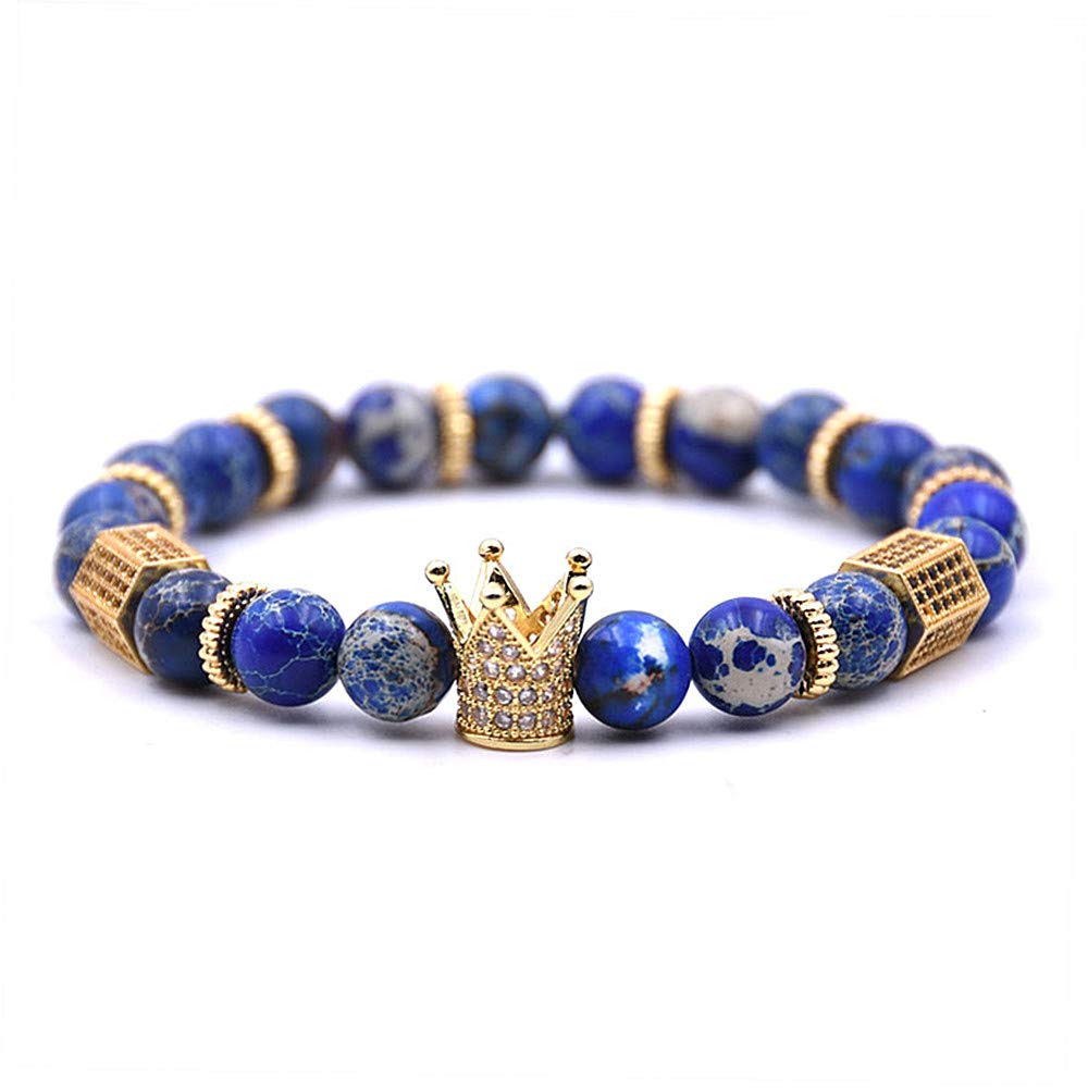 VACANALA 8mm Crown King Charm Bracelet for Men Women Black Matte Onyx Stone Beads, 7.9"