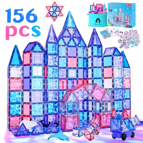 156 PCS Magnetic Tiles Set, Frozen Magnet Building Blocks with Car Animal Models and Stickers, Construction Educational STEM Sensory Toys Gifts for for 3 4 5 6 7 8 + Year Old Kids Toddlers Boys Girls