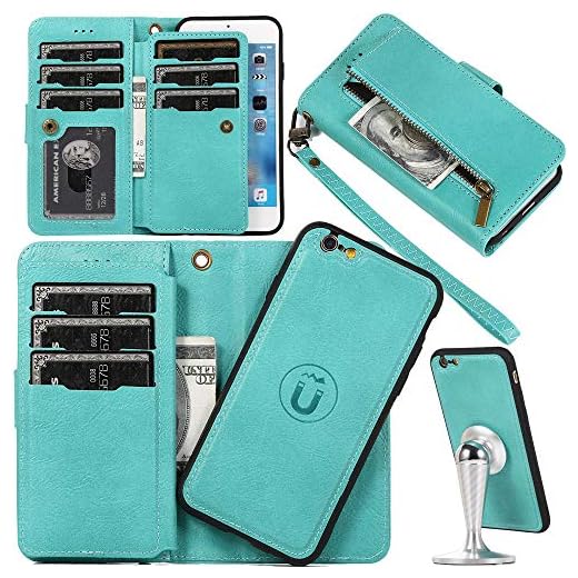 Auker Wallet Case for iPhone 6S Plus Women/Men,2 in 1 [Detachable] Magnetic Trifold 9 Card Holder Folio Flip Leather Zipper Wallet Wristlet Purse Case with Removal Hard Shell&Money Pocket/Kickstand