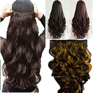 BLACKBOND (BB-85/3h27) 5 Clips Based Curly/Wavy Synthetic Fibre Hair Extension (Brown Gold Highlighte), 24-inches)