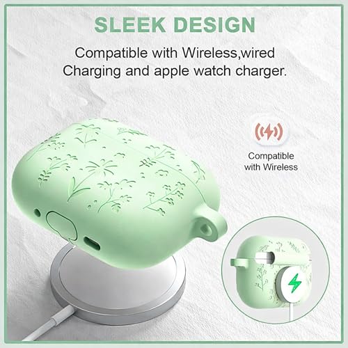 Image of Emoh Roced Case for Airpods Pro 3,Silicone Flower Engraved Cases Compatible with Apple AirPods Pro 3rd Generation 2025, Shockproof, Anti-Scratch, Protective Case Cover (Mint Green, for AirPods pro 3)