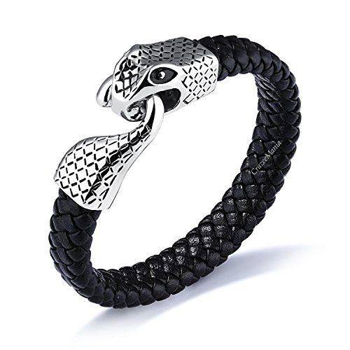 Image of Young & Forever Men's Genuine Braided Leather and Titanium Steel Bracelet | Bold Punk Tiger Eye Bead & Multi-Strand Wrist Bands | Vintage Nautical Clasp & Animal Head Hook Hook Kada Style Options