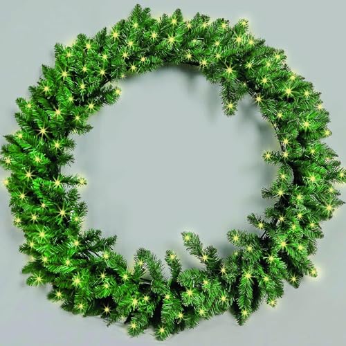 Image of 80cm Pre Lit Large Artificial Christmas Wreath 120 LED Lights Warm White Front Door Bushy Pine Green Indoor/Outdoor Wall Garland Holiday Christmas Decoration