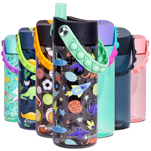 Image of Elemental Leak Proof Water Bottles for Kids - Splash Kids Water Bottle for School with Fun Fidget Pop-it Handle - BPA Free Tritan Plastic Reusable Water Bottle with Straw - Space Dinosaur - 18oz