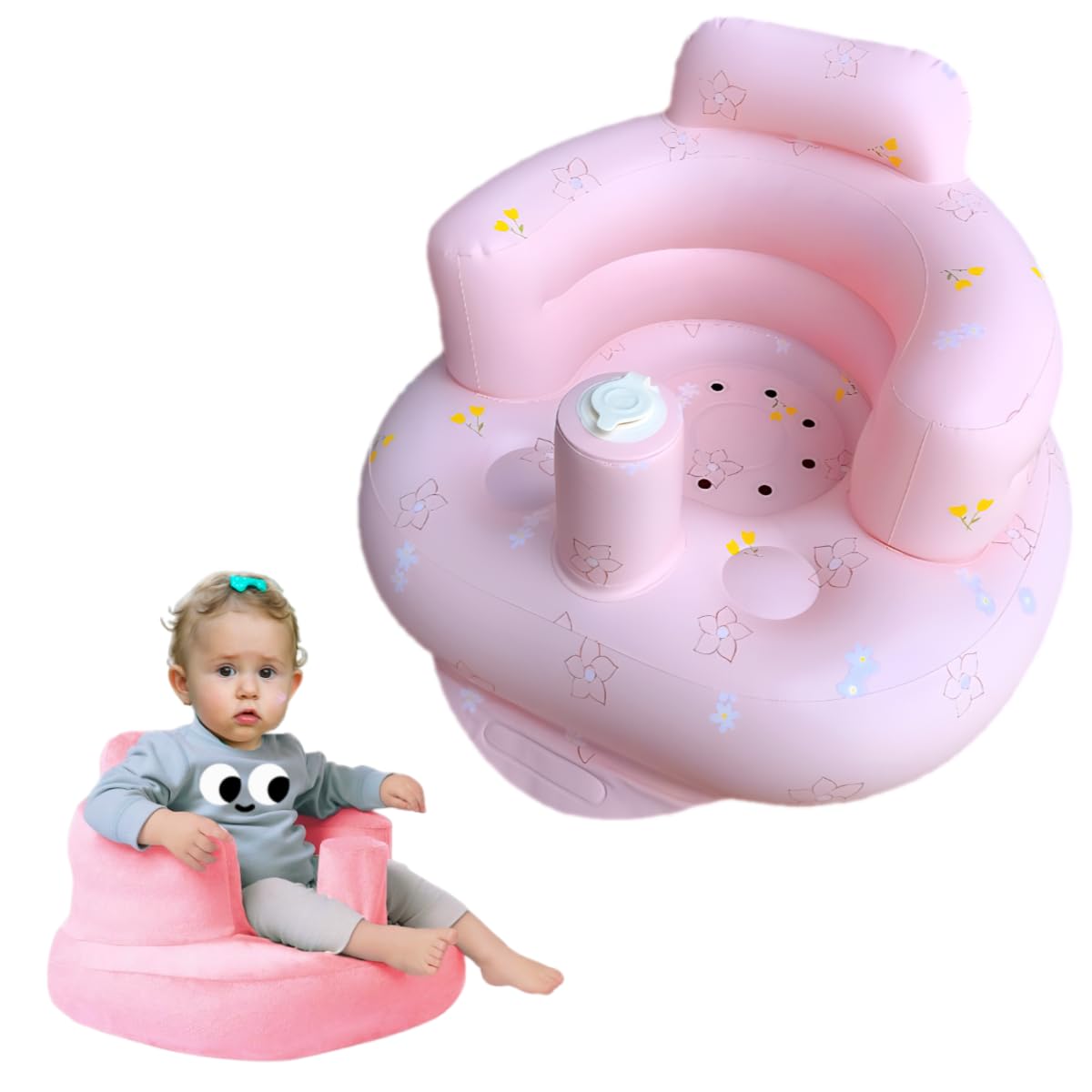 Baby Inflatable Seat for Babies 4-24 Months Built in Air Pump Infant Back Support Sofa Toddler Chair for Sitting Up Baby Shower Chair Outdoor Seat Floor Seater Gifts (Pink Flower + Cover)