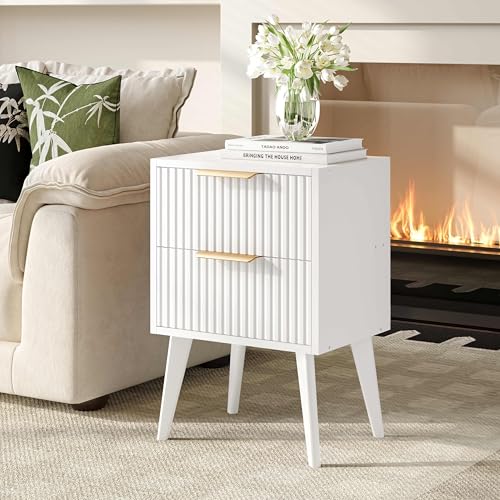 Image of YAUKOMEL Fluted Nightstand with 2 Drawers,Modern Bedside Table White