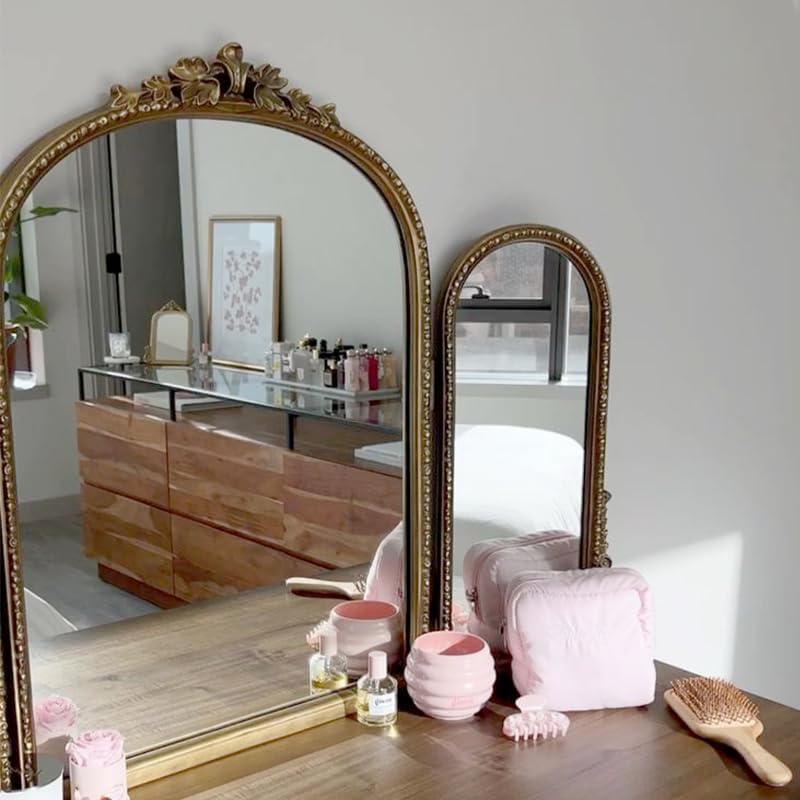 French Online Celebrity Folding Three-Sided Mirror Retro Wall-Hung Bedroom European Bathroom Mirror Dressing Table Three-fold Mirror. gold-80 * 60cm 80*60cm Gold